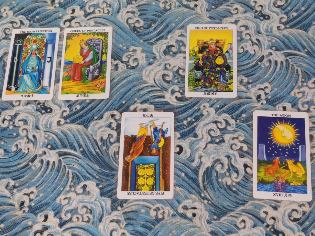 Tarot cards laid out on patterned blue fabric.
